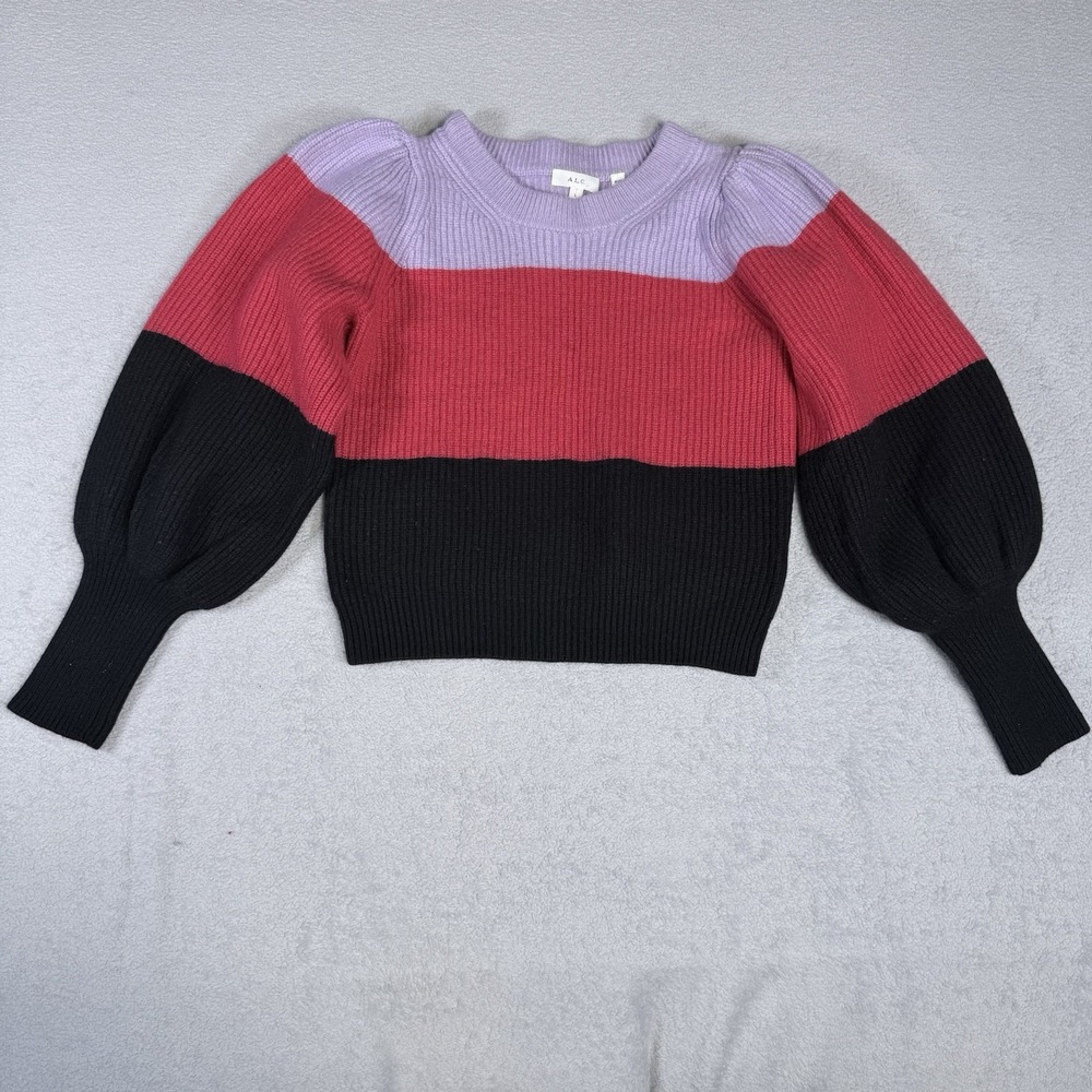 ALC Wool Cashmere Blend Balloon Sleeve Colorblock Sweater Purple Red Black L